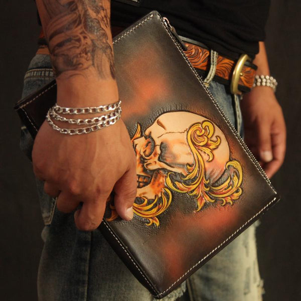 Cool Handmade Tooled Leather Tan Floral Skull - Back View