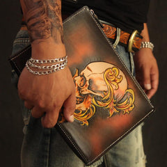 Cool Handmade Tooled Leather Tan Chinese Lion Clutch Wallet Wristlet Bag Clutch Purse For Men