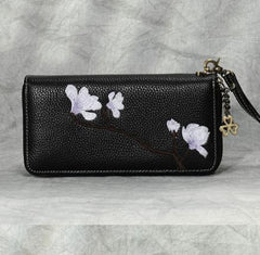 Magnolia Flower Embroidery Pink Leather Magnolia Wristlet Wallet Womens Zip Around Wallets Flowers Magnolia Ladies Zipper Clutch Wallet for Women