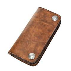 [On Sale] Handmade Mens Long Biker Wallet with Chain Cool Zipper Leather Biker Chain Wallet