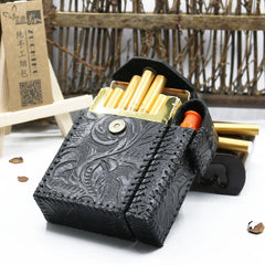 Cool Handmade Leather Mens Engraved Floral Cigarette Holder Case with Lighter holder for Men