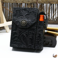 Cool Handmade Leather Mens Engraved Floral Cigarette Holder Case with Lighter holder for Men