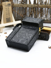 Cool Handmade Leather Mens Engraved Floral Cigarette Holder Case with Lighter holder for Men