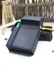 Cool Handmade Leather Mens Dark Blue Cigarette Holder Case with Lighter holder for Men