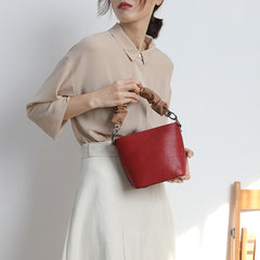 Stylish Leather Red Bucket Handbag Shoulder Bag Barrel Purse For Women
