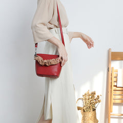 Stylish Leather Red Bucket Handbag Shoulder Bag Barrel Purse For Women