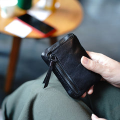 Vintage Women Small Brown Leather Zip Coin Pouch Mini Coin Wallet Change Wallet For Women