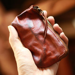 Vintage Slim Tan Leather Mens Coin Wallet Zipper Coin Holder Change Pouch For Men