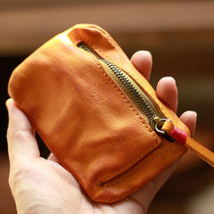 Vintage Slim Brown Leather Mens Coin Wallet Zipper Coin Holder Brown Change Pouch For Men