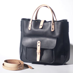 Handmade Leather Black Small Womens Tote Handbag Shopper Purse for Women