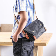 Wax Canvas Leather Mens Dark Gray Small Side Bag Courier Bag Khaki Messenger Bag for Men