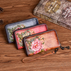 Vintage Flowers Gray Leather Wristlet Wallet Womens Zip Around Wallets Flowers Ladies Zipper Clutch Wallet for Women