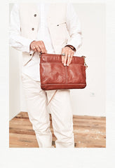 Casual Black Leather Mens 10'' Messenger Bag Brown Courier Bag Side Postman Bag For Men