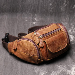 Vintage Brown LEATHER MENS Barrel FANNY PACK - Card Slots Detail