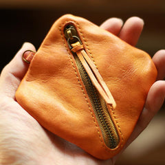 Vintage Slim Tan Leather Mens Coin Wallet Zipper Coin Holder Change Pouch For Men