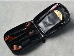 Cool Leather Black Mens Leather 4pcs CIGARETTE Tobacco Pipe Case Zipper Tobacco Pipe Case for Men