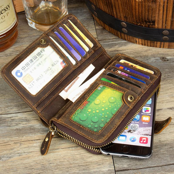 Cool Brown Mens long Wallet Bifold Zipper - Back View