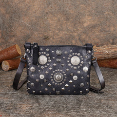 Black Leather Womens Rivets Shoulder Bags Saddle - Overall View
