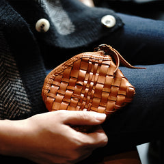Vintage Women Small Beige Braided Leather Zip Coin Pouch Mini Coin Wallet Change Wallet For Women