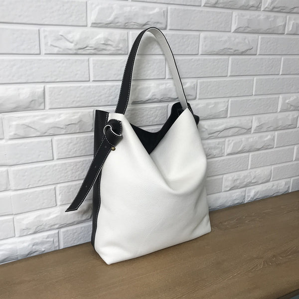 Stylish White Black Leather Tote Bag Shoulder - Card Slots Detail