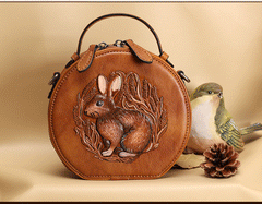 Cutest Womens Coffee Leather Round Handbag Bunny - Leather Detail