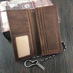Badass Brown Leather Men's Long Biker Chain Wallet Bifold Long Wallets with Chain For Men