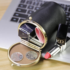 Vintage Women Black Leather Cup Coin Wallet Frame Clasp Coin Pouch Change Wallet For Women