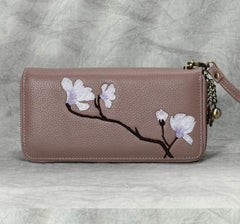 Magnolia Flower Embroidery Pink Leather Magnolia Wristlet Wallet Womens Zip Around Wallets Flowers Magnolia Ladies Zipper Clutch Wallet for Women