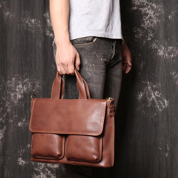 Brown Leather Mens Business Briefcase 14'' Laptop - Back View
