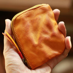 Vintage Slim Brown Leather Mens Coin Wallet Zipper Coin Holder Change Pouch For Men