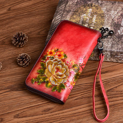 Vintage Flowers Red Leather Wristlet Wallet Womens Zip Around Wallets Flowers Ladies Zipper Clutch Wallet for Women