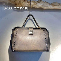 Vintage Womens Gray Leather Doctor Handbag Purses With Rivet Doctor Shoulder Bag for Women