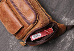 Vintage Brown LEATHER MENS Barrel FANNY PACK - Chain Detail