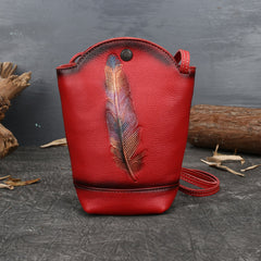 Vintage Womens Red Leather Shoulder Bucket Bag leather phone Bucket bag for women Side bag crossbody bag