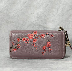 Handmade Embroidery Pink Leather Wristlet Wallet Womens Zip Around Wallets Flowers Plum Blossom Ladies Zipper Clutch Wallet for Women