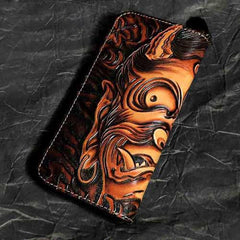 Badass Black Leather Men's Clutch Wallet Buddha Handmade Tooled Zipper Long Wallets For Men