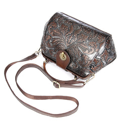 Small Womens Coffee Floral Leather Doctor Handbag Purses Vintage Coffee Doctor Side Purse for Women