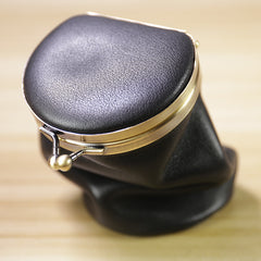 Vintage Women Black Leather Cup Coin Wallet Frame Clasp Coin Pouch Change Wallet For Women