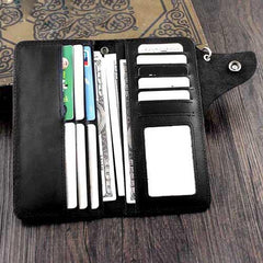 Badass Black Leather Men's Long Biker Chain Wallet Black Long Wallet with Chain For Men