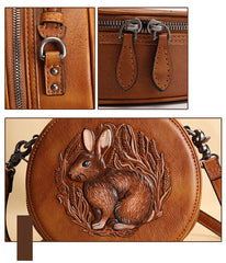 Cutest Womens Coffee Leather Round Handbag Bunny - Front Open View