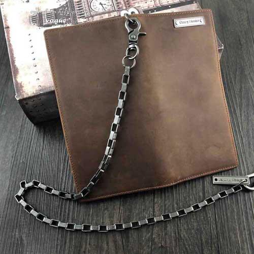 Badass Coffee Leather Men's Long Wallet with Chain Biker Chain Wallet