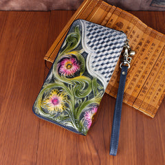 Handmade Vintage Flowers Floral Brown Leather Wristlet Wallet Womens Zip Around Wallets Flowers Ladies Zipper Clutch Wallet for Women