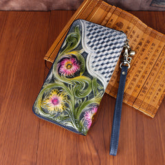 Handmade Vintage Flowers Floral Gray Leather Wristlet Wallet Womens Zip Around Wallets Flowers Ladies Zipper Clutch Wallet for Women