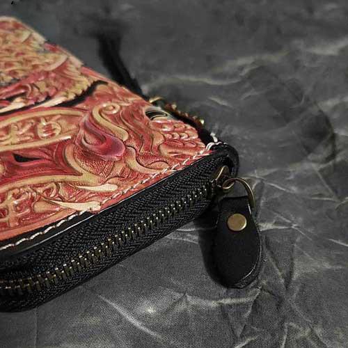 Badass Black Leather Men's Long Biker Wallet Golden Carp Handmade Tooled Zipper WG02752042