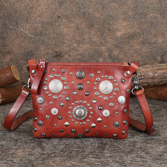 Red Leather Womens Rivets Shoulder Bags Saddle - Interior View