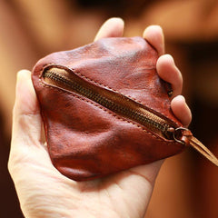 Vintage Slim Brown Leather Mens Coin Wallet Zipper Coin Holder Change Pouch For Men