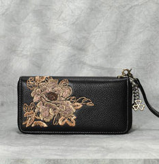Peony Embroidery Black Leather Peony Wristlet Wallet Womens Zip Around Wallets Flowers Peony Ladies Zipper Clutch Wallet for Women