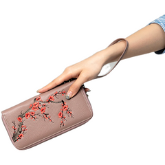 Handmade Embroidery Purple Leather Wristlet Wallet Womens Zip Around Wallets Flowers Plum Blossom Ladies Zipper Clutch Wallet for Women