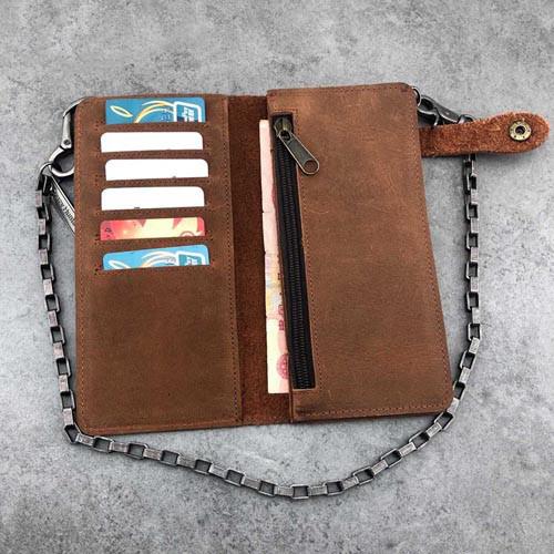 Vintage Brown Leather Men's Long Biker Chain Wallet Brown Badass Bifold Long Wal WG00982086