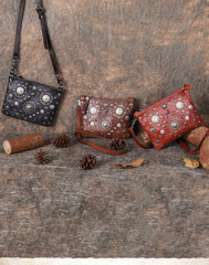 Black Leather Womens Rivets Shoulder Bags Saddle - Closure Detail